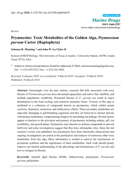 Toxic Metabolites of the Golden Alga, Prymnesium Parvum Carter (Haptophyta)