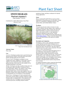 Switchgrass, Panicum Virgatum L .Plant Fact Sheet