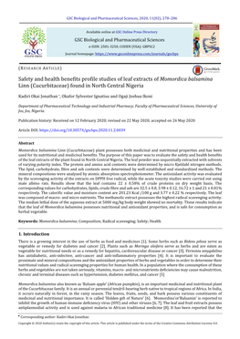 Safety and Health Benefits Profile Studies of Leaf Extracts of Momordica Balsamina Linn (Cucurbitaceae) Found in North Central Nigeria