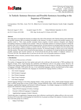 In Turkish: Sentence Structure and Possible Sentences According to the Sequence of Elements