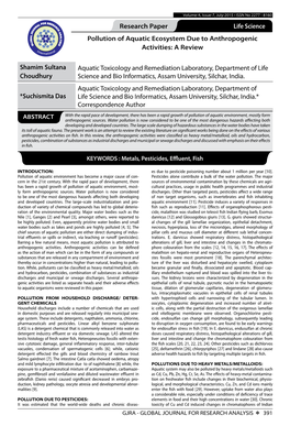 Research Paper Life Science Pollution of Aquatic Ecosystem Due to Anthropogenic Activities: a Review