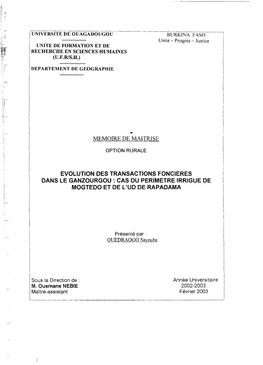 Evolution Des Transactions Foncières Dans Le Ganzourgou : Cas Du