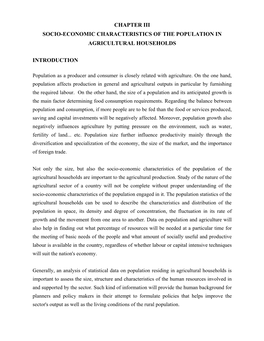 Chapter Iii Socio-Economic Characteristics of the Population in Agricultural Households Introduction