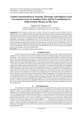 Cation Concentrations of Anaocha, Ekwusigo and Ogbaru Local Government Areas of Anambra State and Its Contributions to Gully Erosion Menace in the Area