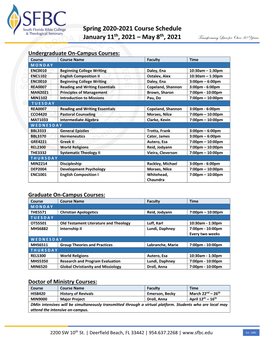 Spring 2020-2021 Course Schedule January 11Th, 2021 – May 8Th, 2021 Transforming Lives for Over 30 Years