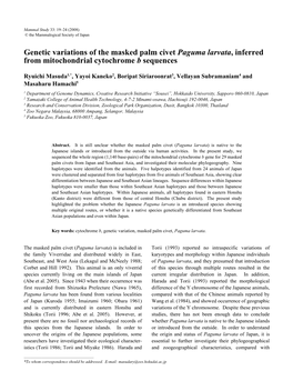 Genetic Variations of the Masked Palm Civet Paguma Larvata, Inferred from Mitochondrial Cytochrome B Sequences