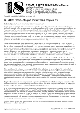 SERBIA: President Signs Controversial Religion Law