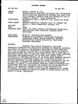ED 106 709 CG 009 773 AUTHOR Explorations in Self-Help and Mutual Aid. Proceedings of the Self-Help Exploratory Workshop Held Ju