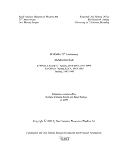 Oral History Office 75Th Anniversary the Bancroft Library Oral History Project University of California, Berkeley