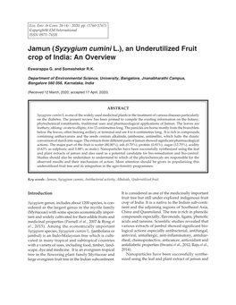 Jamun (Syzygium Cumini L.), an Underutilized Fruit Crop of India: an Overview