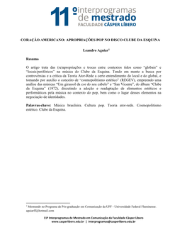 CORAÇÃO AMERICANO: APROPRIAÇÕES POP NO DISCO CLUBE DA ESQUINA Leandro Aguiar1 Resumo O Artigo Trata Das (Re)Apropriações E