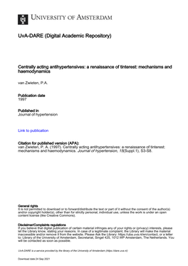 Centrally Acting Antihypertensives: a Renaissance of Tinterest: Mechanisms and Haemodynamics Van Zwieten, P.A