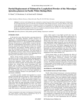 Partial Replacement of Fishmeal by Lyophylized Powder of the Microalgae Spirulina Platensis in Pacific White Shrimp Diets R