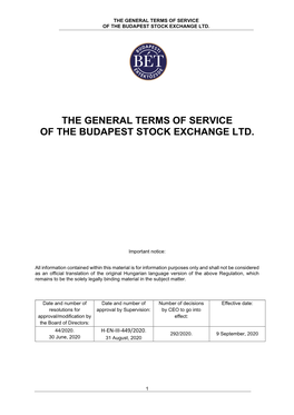 The General Terms of Service of the Budapest Stock Exchange Ltd