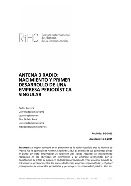 Antena 3 Radio: Nacimiento Y Primer Desarrollo De Una Empresa Periodística Singular