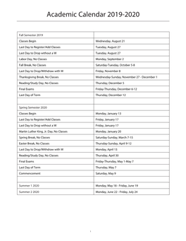 Academic Calendar 2019-2020