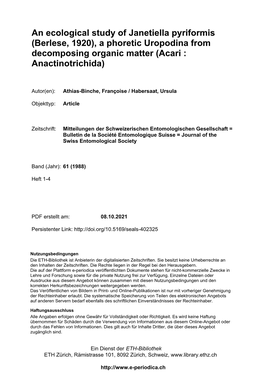 An Ecological Study of Janetiella Pyriformis (Berlese, 1920), a Phoretic Uropodina from Decomposing Organic Matter (Acari : Anactinotrichida)