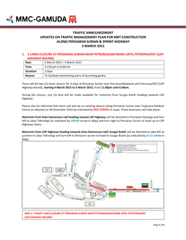 Traffic Announcement Updates on Traffic Management Plan for Mrt Construction Along Persiaran Surian & Sprint Highway 2 March 2015