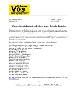 Wisconsin State Legislators Endorse Marco Rubio for President