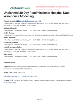 Unplanned 30-Day Readmissions: Hospital Data Warehouse Modelling