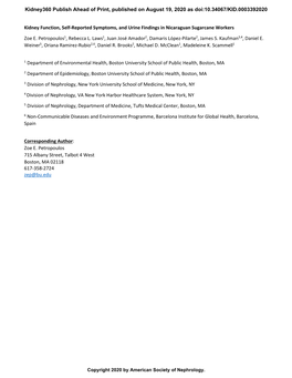 Kidney Function, Self-Reported Symptoms, and Urine Findings in Nicaraguan Sugarcane Workers Zoe E. Petropoulos1, Rebecca L. Laws