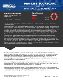 EDDIE RODRIGUEZ Total Pro-Life Score