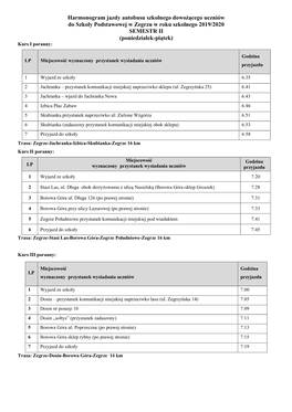 Harmonogram Jazdy Autobusu Szkolnego Dowożącego Uczniów Do Szkoły Podstawowej W Zegrzu W Roku Szkolnego 2019/2020 SEMESTR II (Poniedziałek-Piątek) Kurs I Poranny