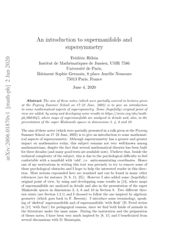 2 Jun 2020 an Introduction to Supermanifolds and Supersymmetry