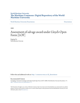 Assessment of Salvage Award Under Lloyd's Open Form [LOF] Jingjing Xu World Maritime University