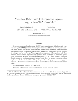 Monetary Policy with Heterogeneous Agents: Insights from TANK Models ∗