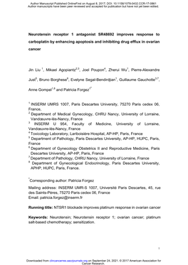 Neurotensin Receptor 1 Antagonist SR48692 Improves Response to Carboplatin by Enhancing Apoptosis and Inhibiting Drug Efflux in Ovarian Cancer