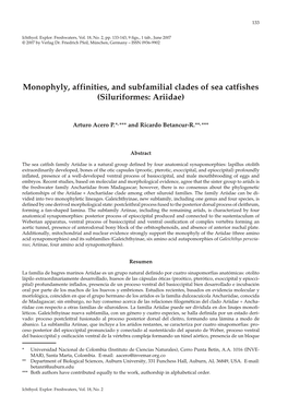 Monophyly, Affinities, and Subfamilial Clades of Sea Catfishes (Siluriformes: Ariidae)