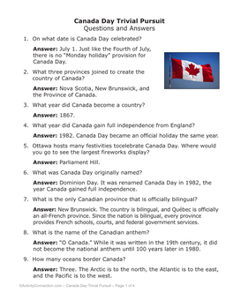 Canada Day Trivial Pursuit Questions and Answers 1