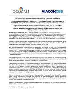 Viacomcbs and Comcast Announce Content Carriage Agreement