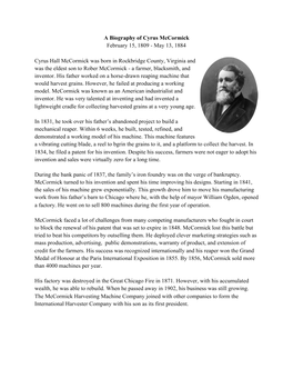 A Biography of Cyrus Mccormick February 15, 1809 - May 13, 1884