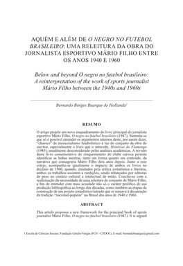 Aquém E Além De O Negro No Futebol Brasileiro: Uma Releitura Da Obra Do Jornalista Esportivo Mário Filho Entre Os Anos 1940 E 1960