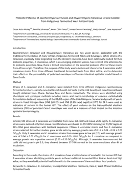 Probiotic Potential of Saccharomyces Cerevisiae and Kluyveromyces Marxianus Strains I Solated from Indigenous Fermented West a Frican F Oods