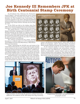 Joe Kennedy III Remembers JFK at Birth Centennial Stamp Ceremony on President’S Day, February 20, Postmaster General Megan J