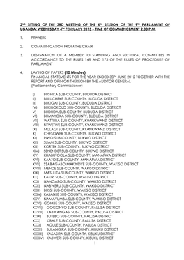 2Nd Sitting of the 3Rd Meeting of the 4Th Session of the 9Th Parliament of Uganda: Wednesday 4Th February 2015 – Time of Commencement 2.00 P.M