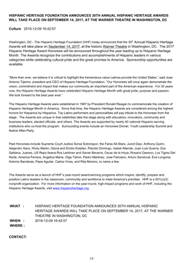 Hispanic Heritage Foundation Announces 30Th Annual Hispanic Heritage Awards Will Take Place on September 14, 2017, at the Warner Theatre in Washington, Dc