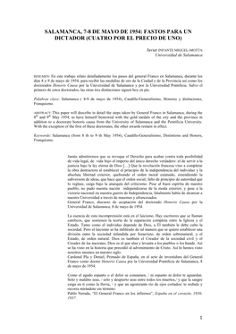 Salamanca, 7-8 De Mayo De 1954: Fastos Para Un Dictador (Cuatro Por El Precio De Uno)