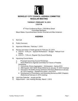 Berkeley City Council Agenda Committee Regular Meeting