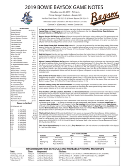 2019 BOWIE BAYSOX GAME NOTES Monday, June 24, 2019 - 7:05 P.M