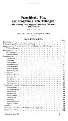 Parasitische Pilze Der Umgebung Von Tübingen. Ein Beitrag: Zur Kryptogamenflora Südwest­ Deutschlands