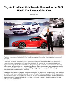 Toyota President Akio Toyoda Honored As the 2021 World Car Person of the Year