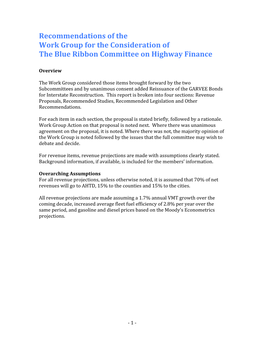 Recommendations of the Work Group for the Consideration of the Blue Ribbon Committee on Highway Finance Recommendations Overview