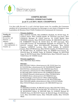 COMPTE-RENDU CONSEIL COMMUNAUTAIRE Jeudi 11 Avril 2019 À 18H30 À CHAMPVOUX