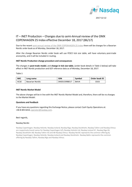 IT – INET Production – Changes Due to Semi-Annual Review of the OMX COPENHAGEN 25 Index Effective December 18, 2017 (86/17)