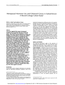 Menopausal Hormone Use and Colorectal Cancer in Saskatchewan: a Record Linkage Cohort Study1