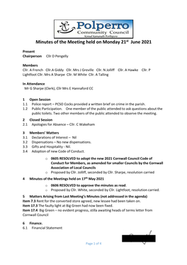 Minutes of the Meeting Held on Monday 21St June 2021